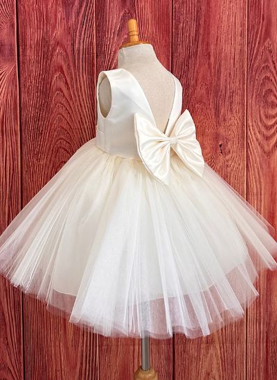 Ball-Gown Scoop Neck Sleeveless Satin/Tulle Flower Girl Dresses With Bow(s)