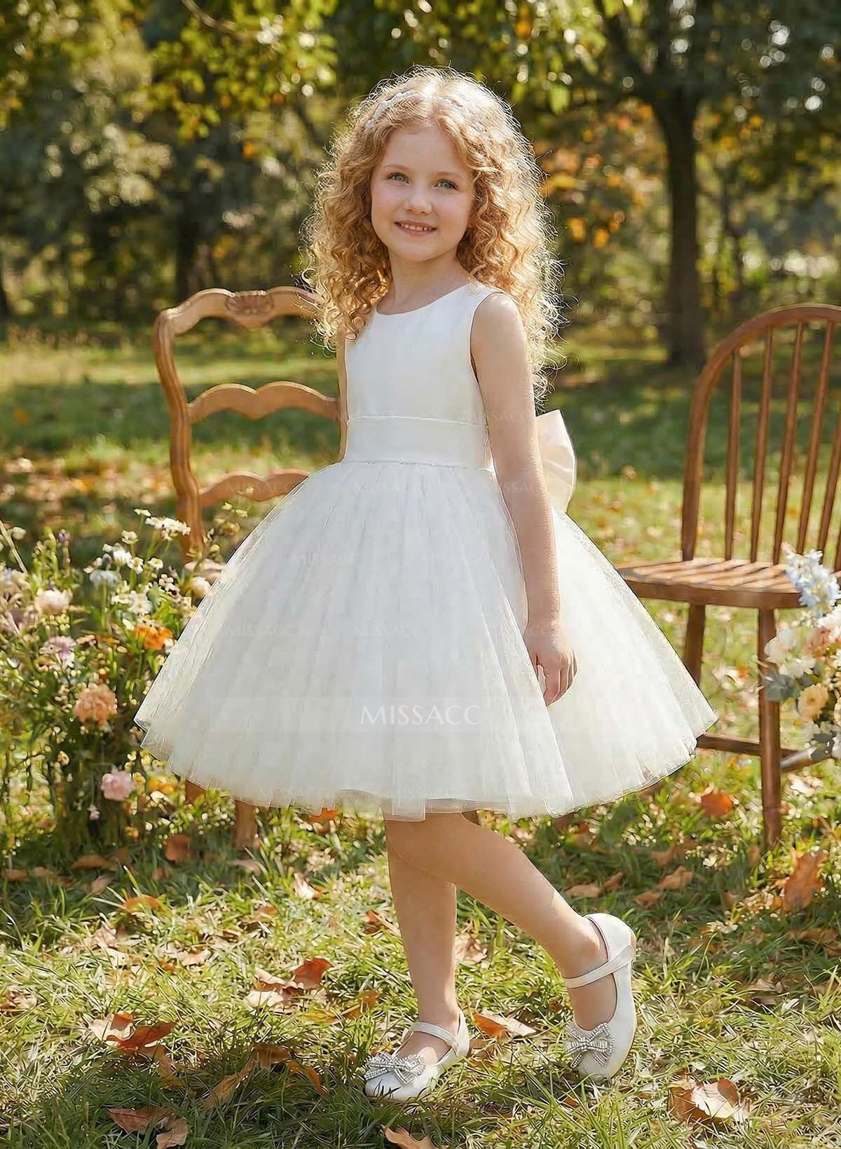 Ball-Gown Scoop Neck Sleeveless Satin/Tulle Flower Girl Dresses With Bow(s)
