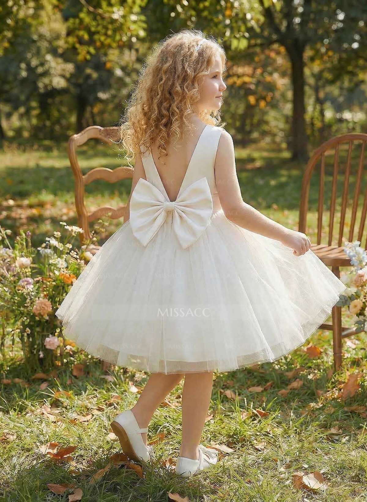 Ball-Gown Scoop Neck Sleeveless Satin/Tulle Flower Girl Dresses With Bow(s)