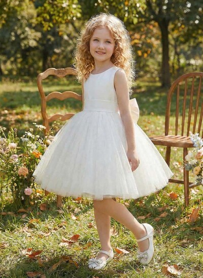 Ball-Gown Scoop Neck Sleeveless Satin/Tulle Flower Girl Dresses With Bow(s)