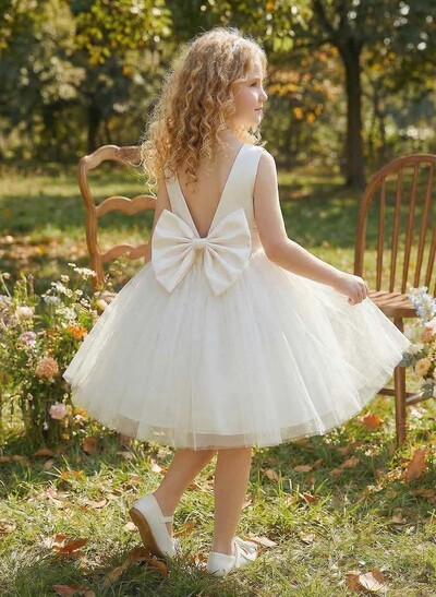 Ball-Gown Scoop Neck Sleeveless Satin/Tulle Flower Girl Dresses With Bow(s)