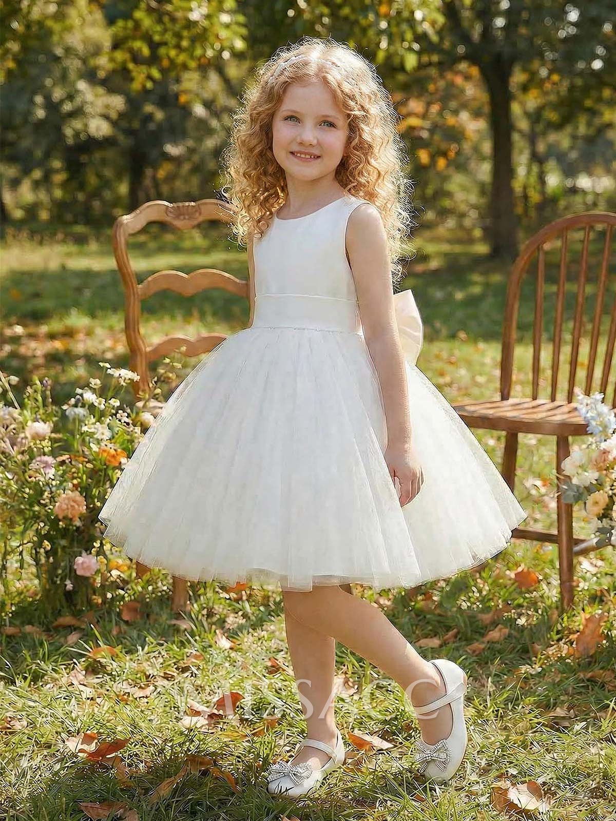 Ball-Gown Scoop Neck Sleeveless Satin/Tulle Flower Girl Dresses With Bow(s)