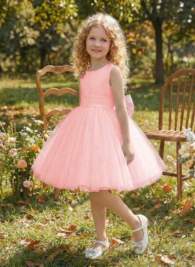 Ball-Gown Scoop Neck Sleeveless Satin/Tulle Flower Girl Dresses With Bow(s)