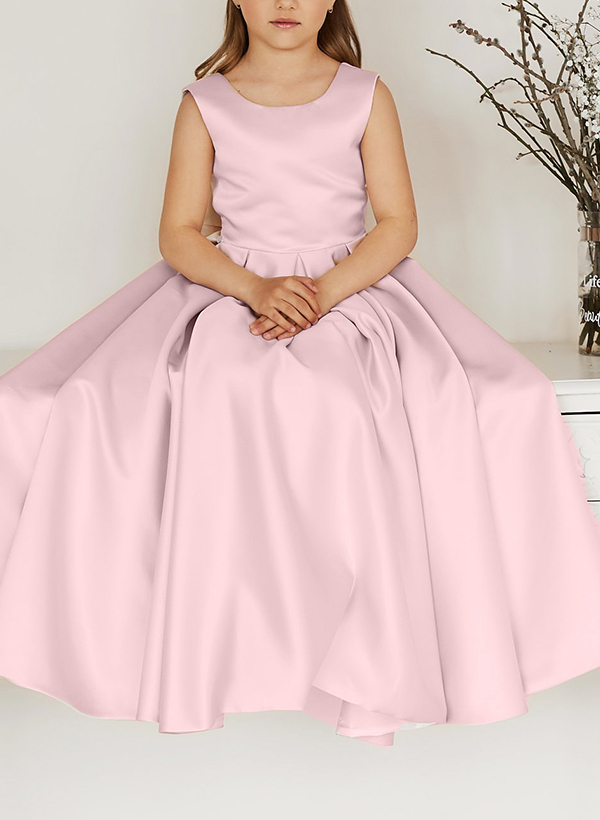 A-Line Scoop Neck Sleeveless Floor-Length Satin Flower Girl Dresses With Bow(s)