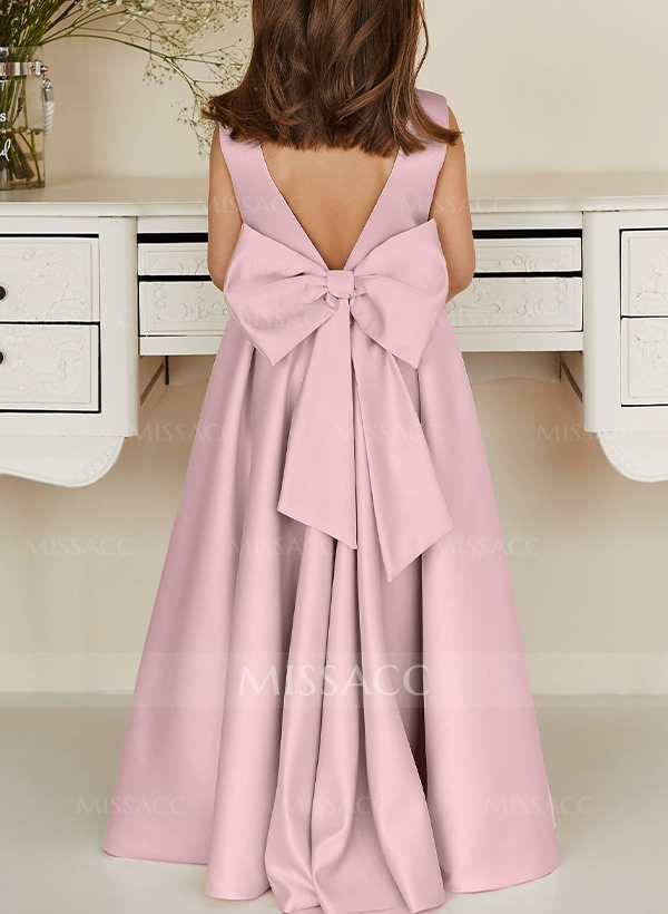 A-Line Scoop Neck Sleeveless Floor-Length Satin Flower Girl Dresses With Bow(s)