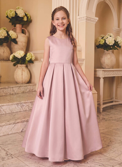 A-Line Scoop Neck Sleeveless Floor-Length Satin Flower Girl Dresses With Bow(s)