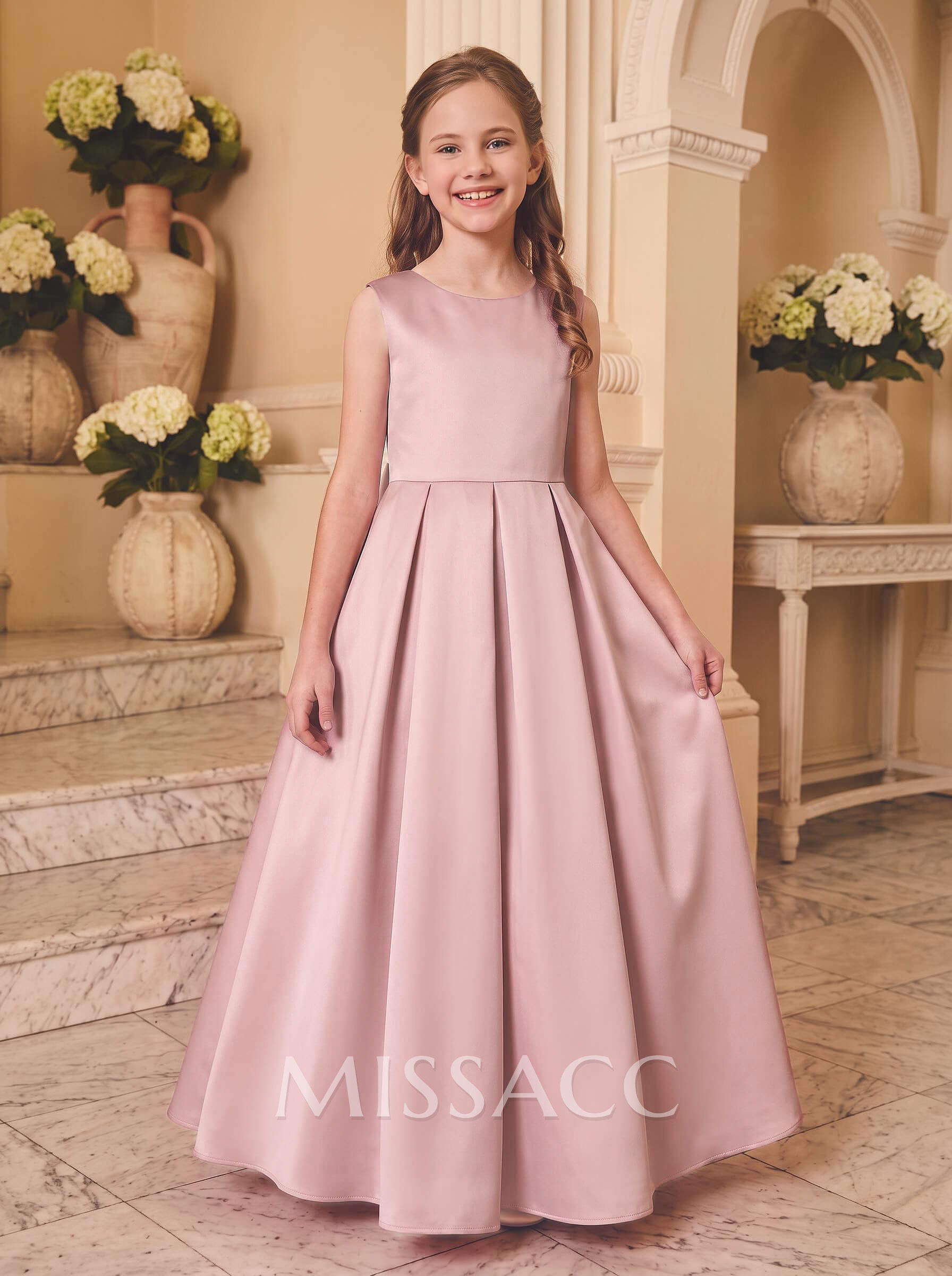 A-Line Scoop Neck Sleeveless Floor-Length Satin Flower Girl Dresses With Bow(s)