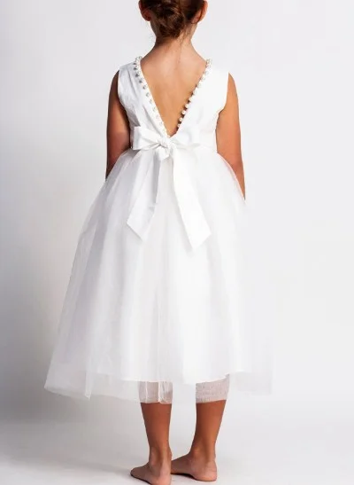 A-Line Scoop Neck Sleeveless Satin/Tulle Flower Girl Dresses With Bow(s)/Beading