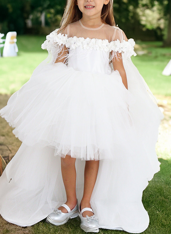 Ball-Gown Illusion Neck Sleeveless Tulle Flower Girl Dresses With Flower(s)