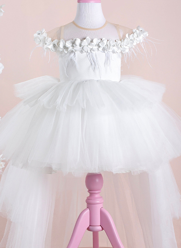 Ball-Gown Illusion Neck Sleeveless Tulle Flower Girl Dresses With Flower(s)