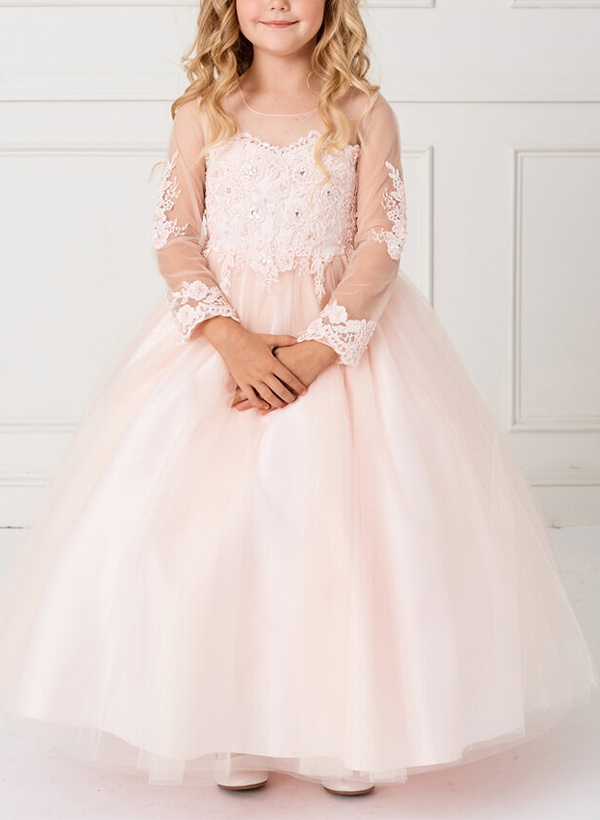 Ball-Gown Illusion Neck 3/4 Sleeves Tulle Flower Girl Dresses With Bow(s)