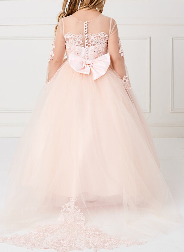 Ball-Gown Illusion Neck 3/4 Sleeves Tulle Flower Girl Dresses With Bow(s)