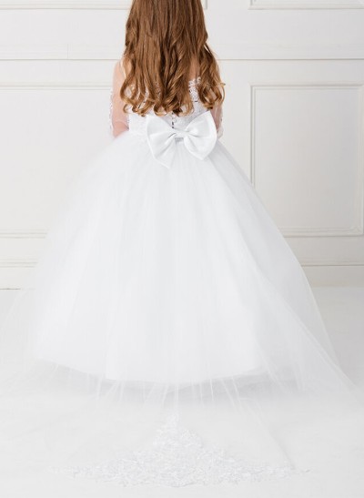 Ball-Gown Illusion Neck 3/4 Sleeves Tulle Flower Girl Dresses With Bow(s)