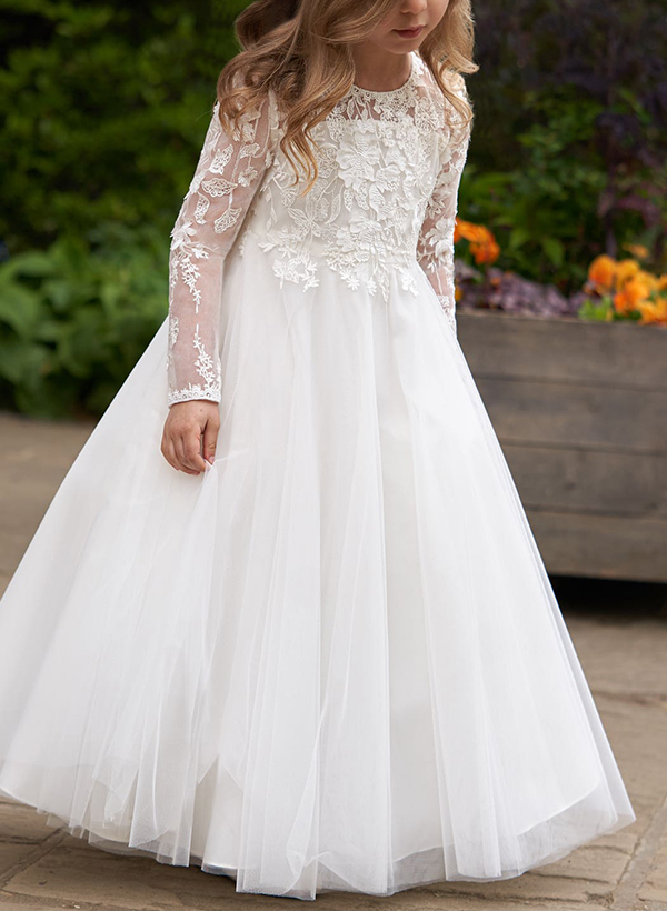 Ball-Gown Illusion Neck Long Sleeves Lace/Tulle Flower Girl Dresses With Lace