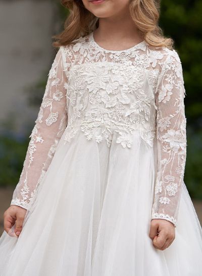 Ball-Gown Illusion Neck Long Sleeves Lace/Tulle Flower Girl Dresses With Lace