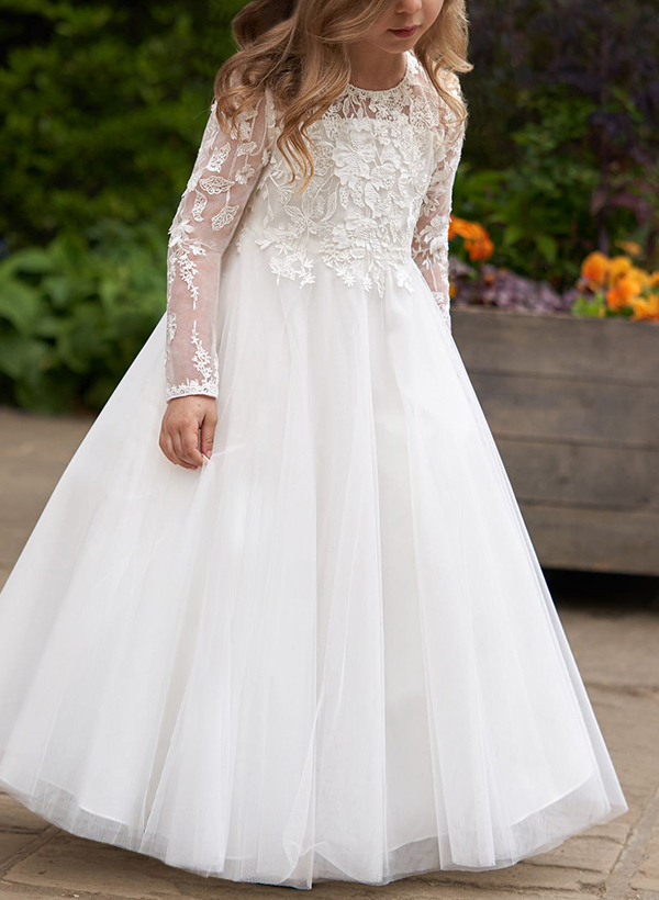 Ball-Gown Illusion Neck Long Sleeves Lace/Tulle Flower Girl Dresses With Lace