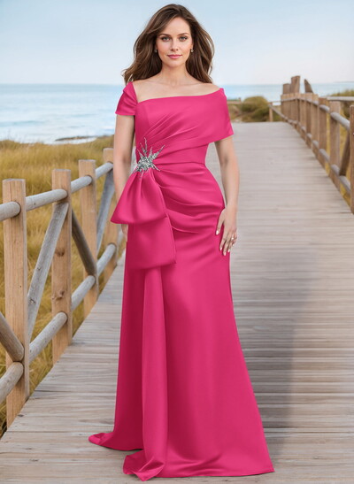 Unique Wrap Off Shoulder Ruffled Waist Mother Of The Bride Dresses With Back Slit