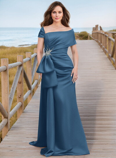 Unique Wrap Off Shoulder Ruffled Waist Mother Of The Bride Dresses With Back Slit
