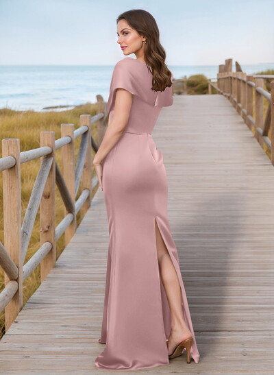 Unique Wrap Off Shoulder Ruffled Waist Mother Of The Bride Dresses With Back Slit
