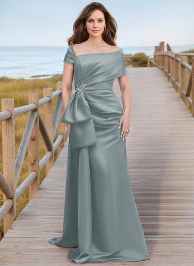 Unique Wrap Off Shoulder Ruffled Waist Mother Of The Bride Dresses With Back Slit