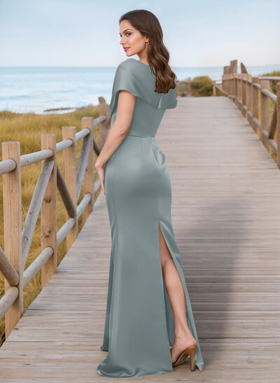 Unique Wrap Off Shoulder Ruffled Waist Mother Of The Bride Dresses With Back Slit