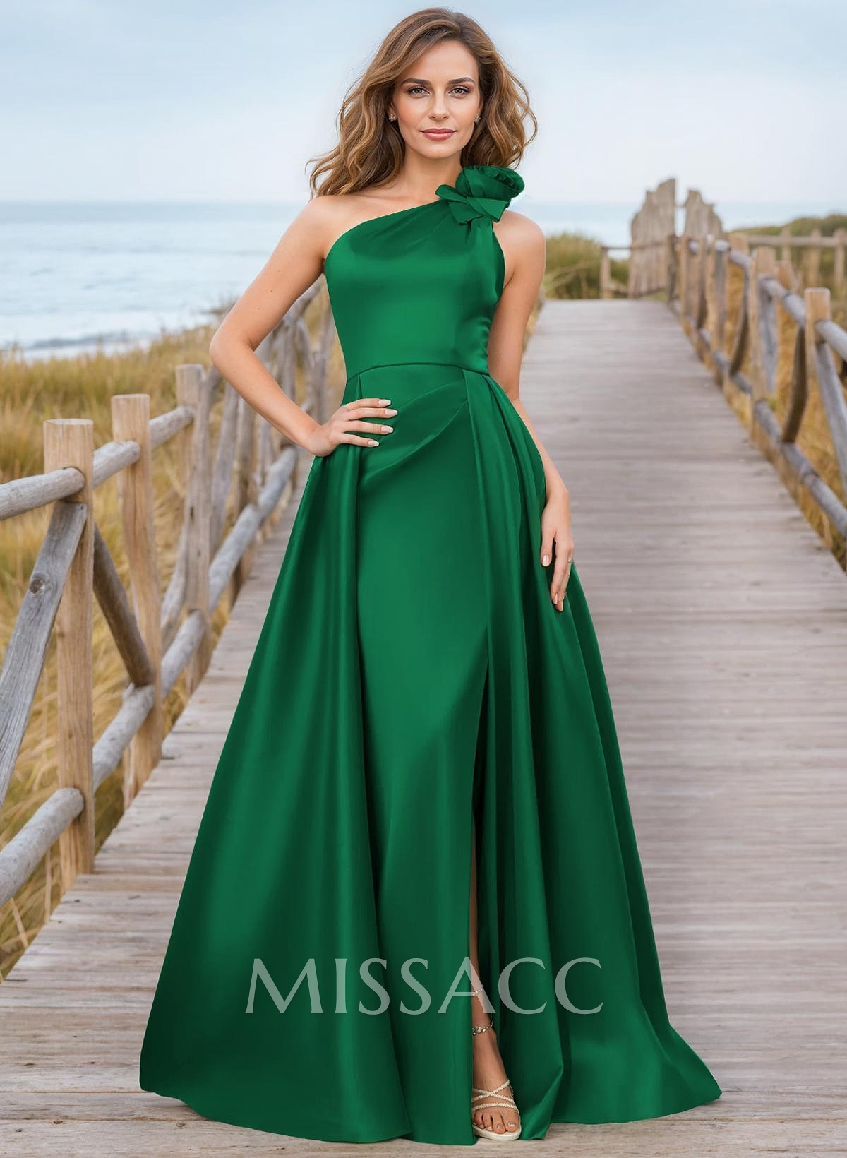 Modest Ruffled Floral One Shoulder Overskirt Mother Of The Bride Dresses With Split Front