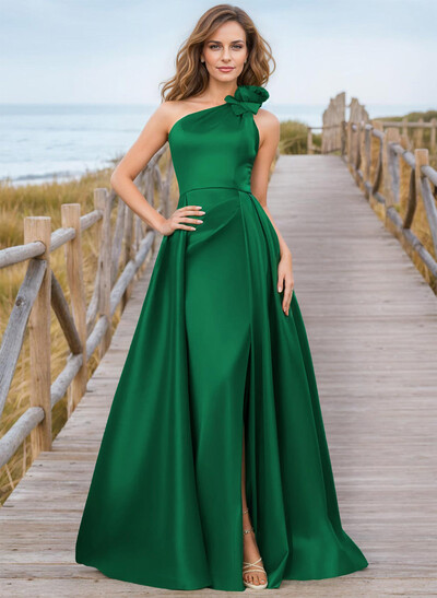 Elegant Ruffled Floral One-Shoulder Overskirt Mother Of The Bride Dress With Front Slit