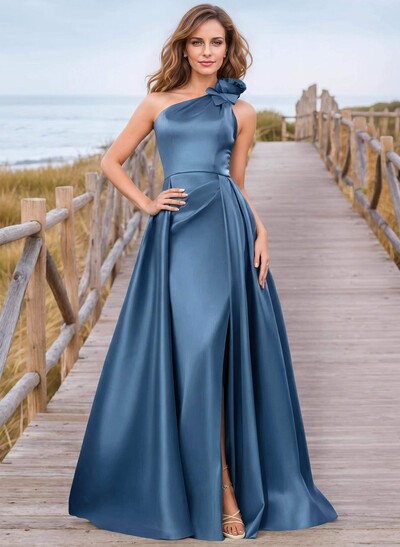 Elegant Ruffled Floral One-Shoulder Overskirt Mother Of The Bride Dress With Front Slit
