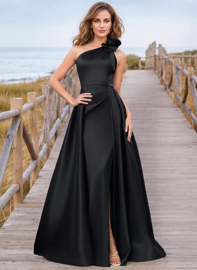 Elegant Ruffled Floral One-Shoulder Overskirt Mother Of The Bride Dress With Front Slit