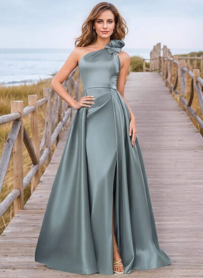 Modest Ruffled Floral One Shoulder Overskirt Mother Of The Bride Dresses With Split Front