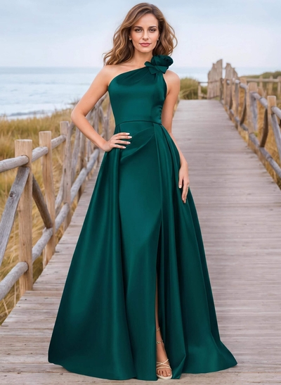 Modest Ruffled Floral One Shoulder Overskirt Mother Of The Bride Dresses With Split Front