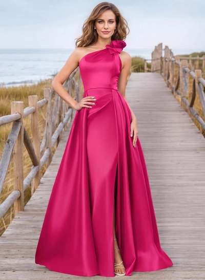 Modest Ruffled Floral One Shoulder Overskirt Mother Of The Bride Dresses With Split Front