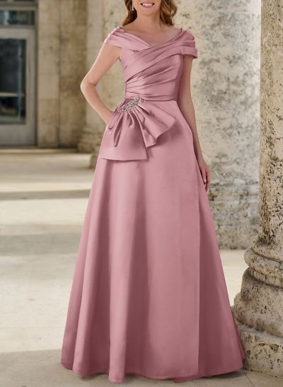 A-Line Off-The-Shoulder Floor-Length Satin Mother Of The Bride Dresses With Beading