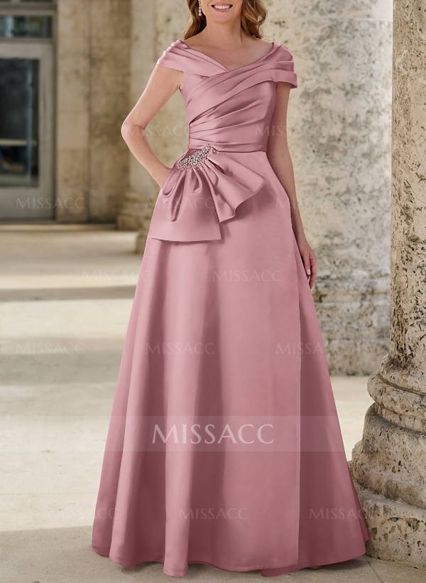 A-Line Off-The-Shoulder Floor-Length Satin Mother Of The Bride Dresses With Beading