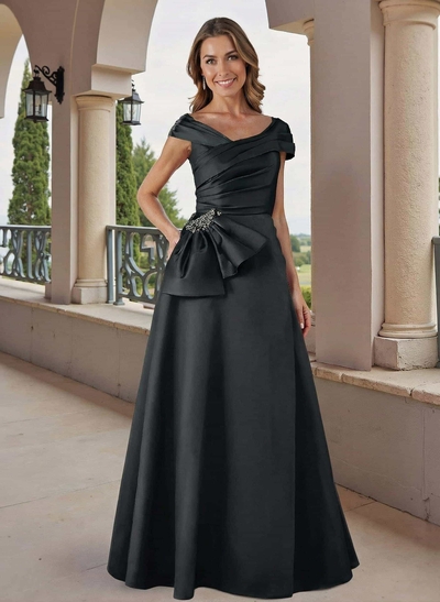 A-Line Off-The-Shoulder Floor-Length Satin Mother Of The Bride Dresses With Beading