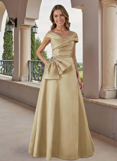 A-Line Off-The-Shoulder Floor-Length Satin Mother Of The Bride Dresses With Beading