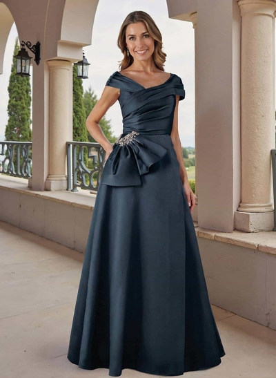 A-Line Off-The-Shoulder Floor-Length Satin Mother Of The Bride Dresses With Beading