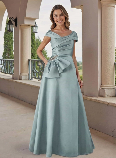 A-Line Off-The-Shoulder Floor-Length Satin Mother Of The Bride Dresses With Beading