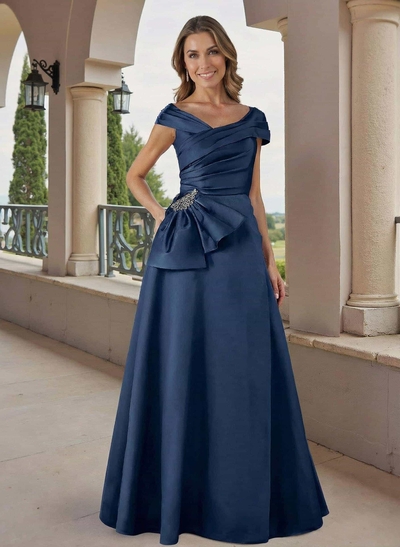 A-Line Off-The-Shoulder Floor-Length Satin Mother Of The Bride Dresses With Beading