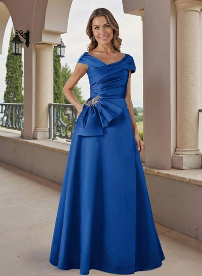 A-Line Off-The-Shoulder Floor-Length Satin Mother Of The Bride Dresses With Beading