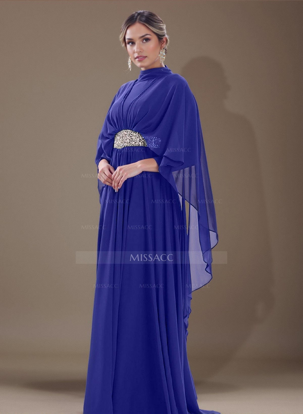 A-Line High Neck 3/4 Sleeves Floor-Length Chiffon Mother Of The Bride Dresses