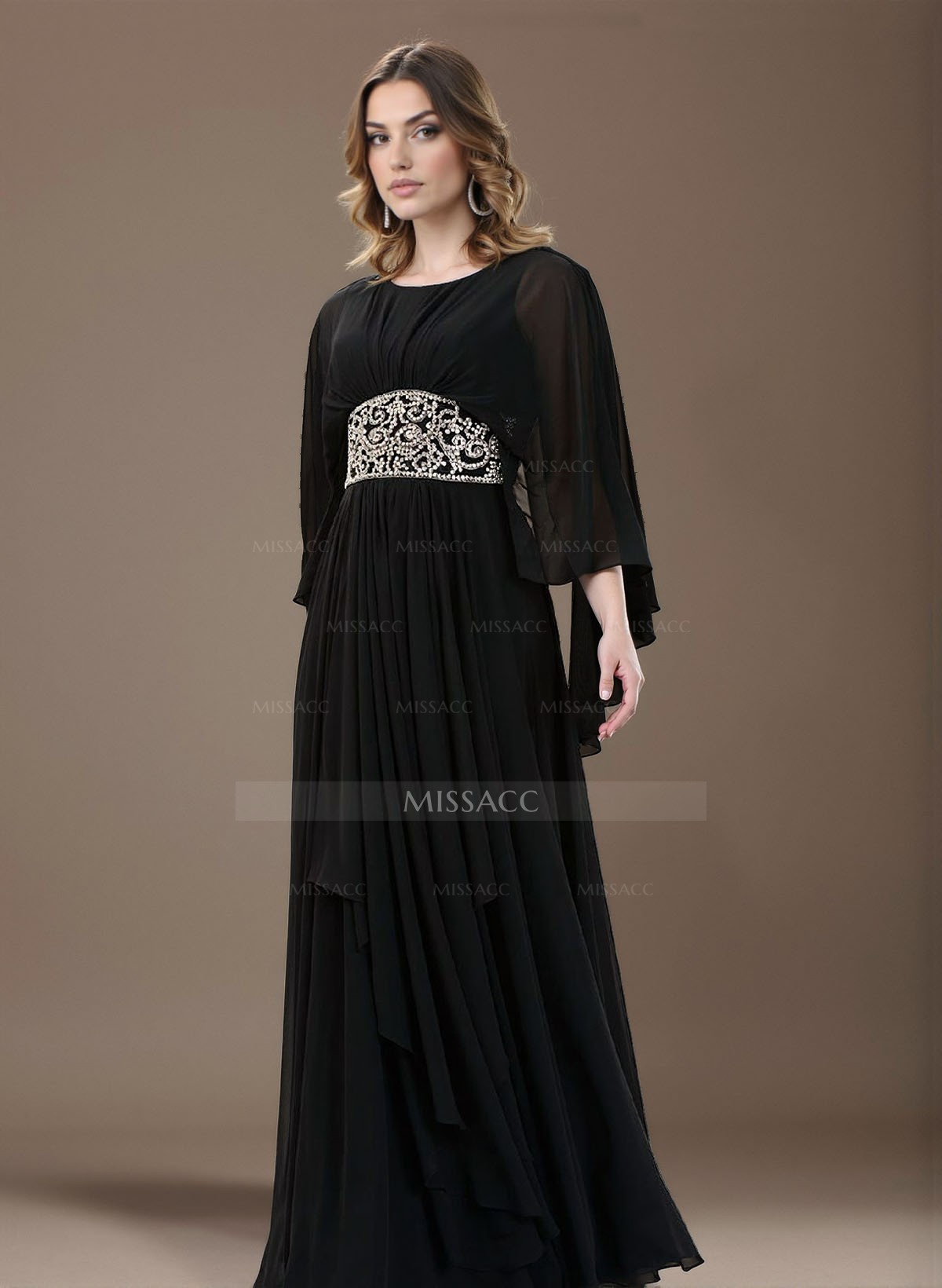 A-Line Scoop Neck 3/4 Sleeves Floor-Length Chiffon Mother Of The Bride Dresses