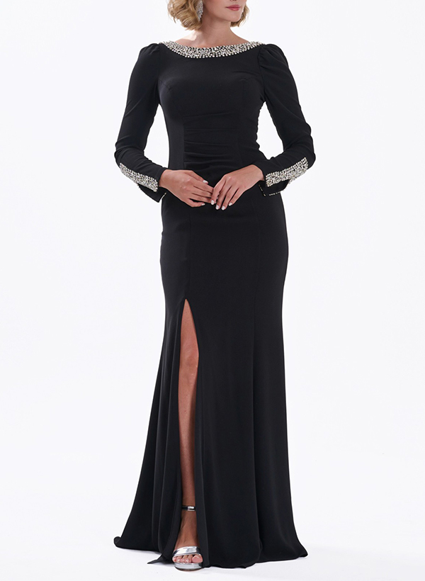 Sheath/Column Scoop Neck Long Sleeves Floor-Length Elastic Satin Mother Of The Bride Dresses With High Split