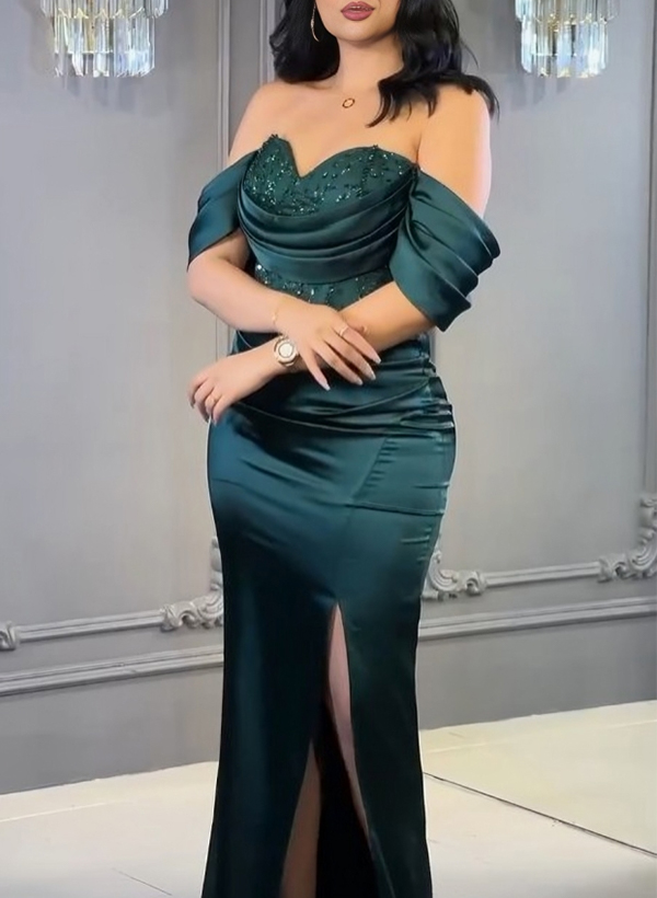 Trumpet/Mermaid Off-The-Shoulder Silk Like Satin Prom Dresses With Sequins/High Split