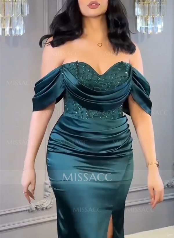 Trumpet/Mermaid Off-The-Shoulder Silk Like Satin Prom Dresses With Sequins/High Split