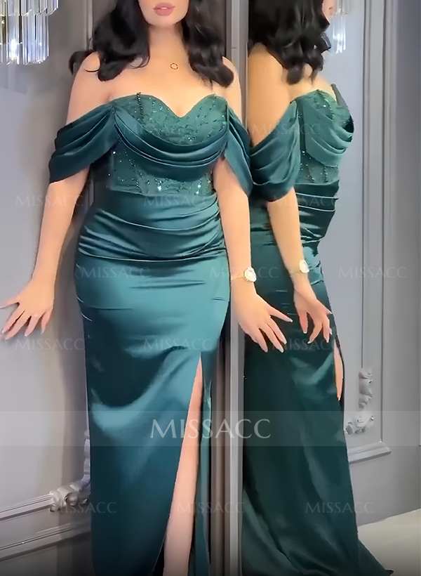 Trumpet/Mermaid Off-The-Shoulder Silk Like Satin Prom Dresses With Sequins/High Split