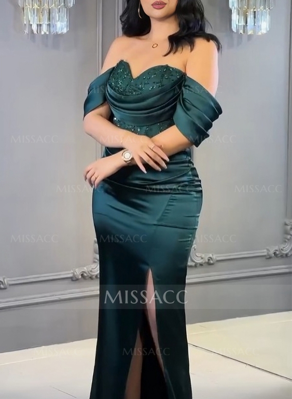 Trumpet/Mermaid Off-The-Shoulder Silk Like Satin Prom Dresses With Sequins/High Split