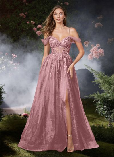 A-Line Off-The-Shoulder Floor-Length Tulle Prom Dresses With Sequins/Lace