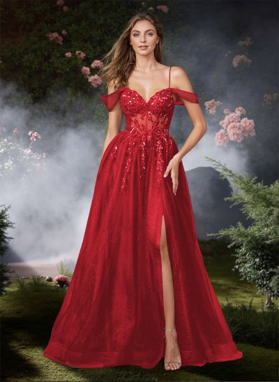 A-Line Off-The-Shoulder Floor-Length Tulle Prom Dresses With Sequins/Lace