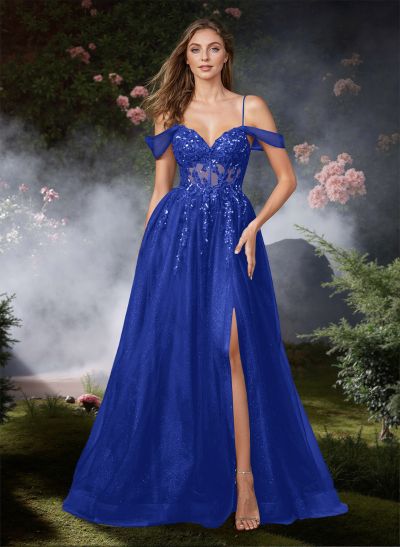 A-Line Off-The-Shoulder Floor-Length Tulle Prom Dresses With Sequins/Lace